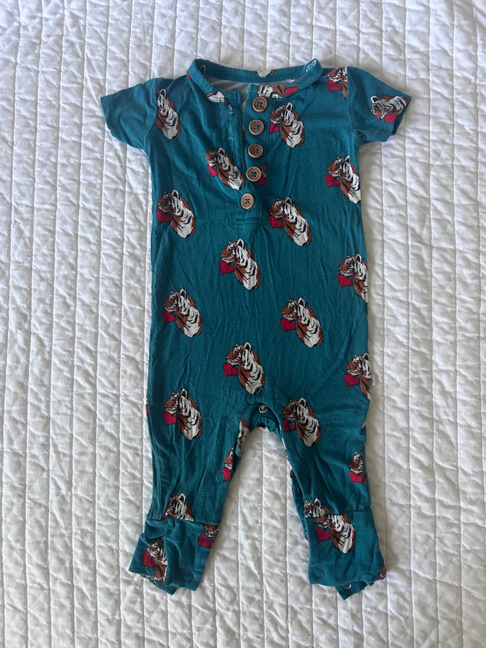 Posh Peanut Teal Romper with Tiger Motif and Red Hearts 3-6 months baby boy